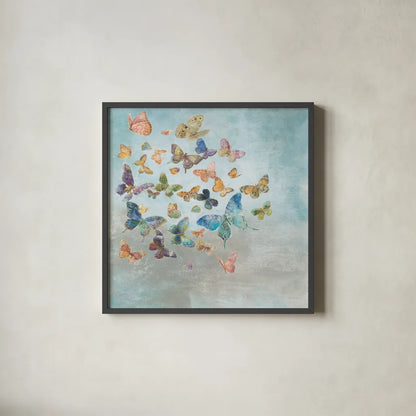 Beautiful Butterflies v3 Square by Danhui Nai. Shown in a sleek black glass frame for a contemporary gallery look. Available as an archival giclee rolled canvas, fine art paper, or poster print. SKU 47868a.