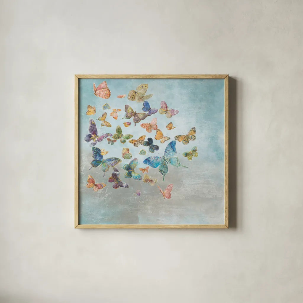 Beautiful Butterflies v3 Square by Danhui Nai. Shown in a natural wood glass frame for a timeless modern aesthetic. Available as an archival giclee rolled canvas, fine art paper, or poster print. SKU 47868a.