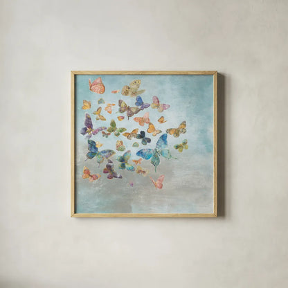 Beautiful Butterflies v3 Square by Danhui Nai. Shown in a natural wood glass frame for a timeless modern aesthetic. Available as an archival giclee rolled canvas, fine art paper, or poster print. SKU 47868a.