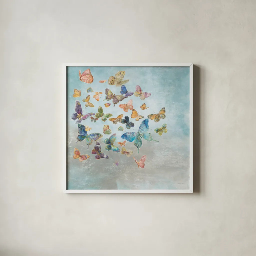 Beautiful Butterflies v3 Square by Danhui Nai. Shown in a crisp white glass frame for a clean and minimalist style. Available as an archival giclee rolled canvas, fine art paper, or poster print. SKU 47868a.