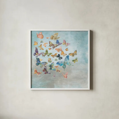 Beautiful Butterflies v3 Square by Danhui Nai. Shown in a crisp white glass frame for a clean and minimalist style. Available as an archival giclee rolled canvas, fine art paper, or poster print. SKU 47868a.