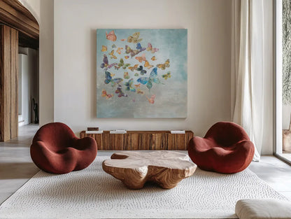 Beautiful Butterflies v3 Square by Danhui Nai. Shown as extra-large giant wall art in a modern living room. Available as an archival giclee rolled canvas, fine art paper, or poster print. SKU 47868a.