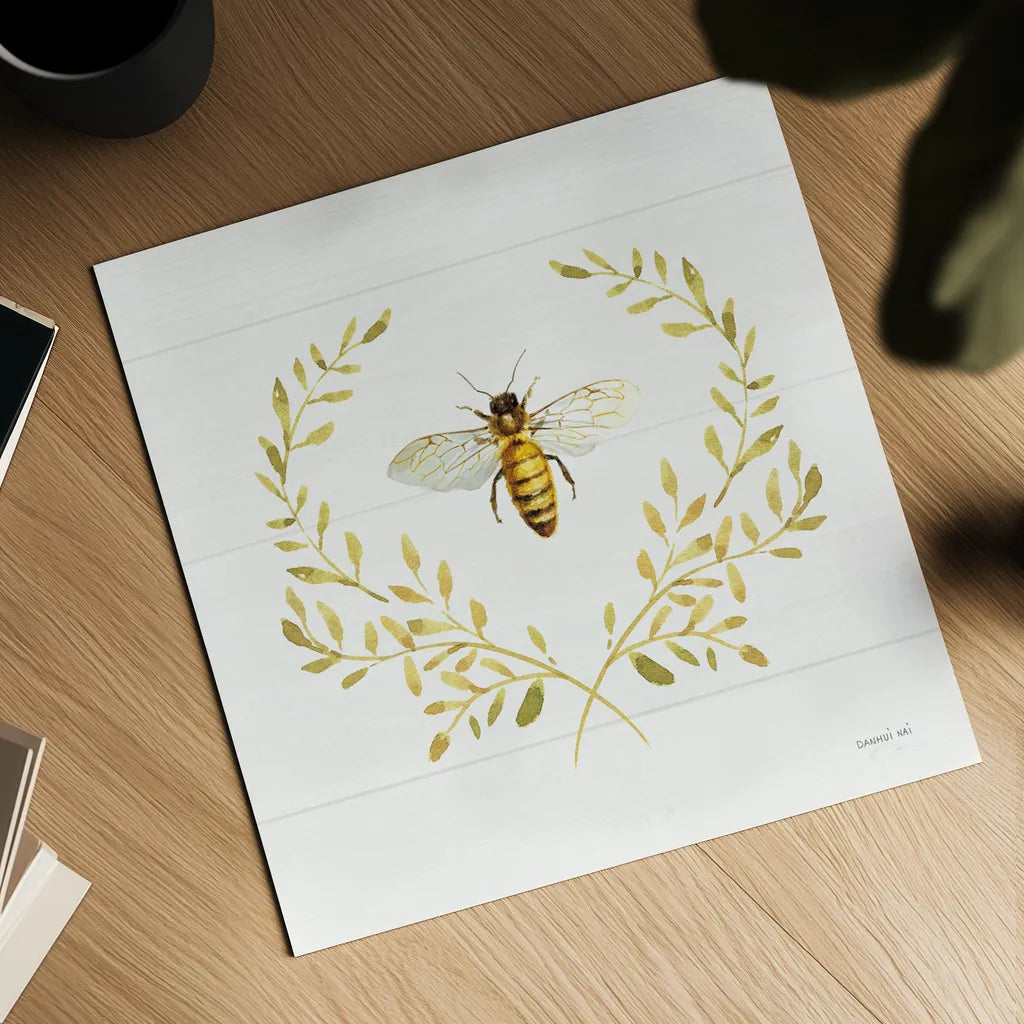 Bees and Blooms Bee Laurel by Danhui Nai. Shown as a detailed flat fine art print, highlighting archival giclee quality. Available as an archival giclee rolled canvas, fine art paper, or poster print. SKU 78403a.