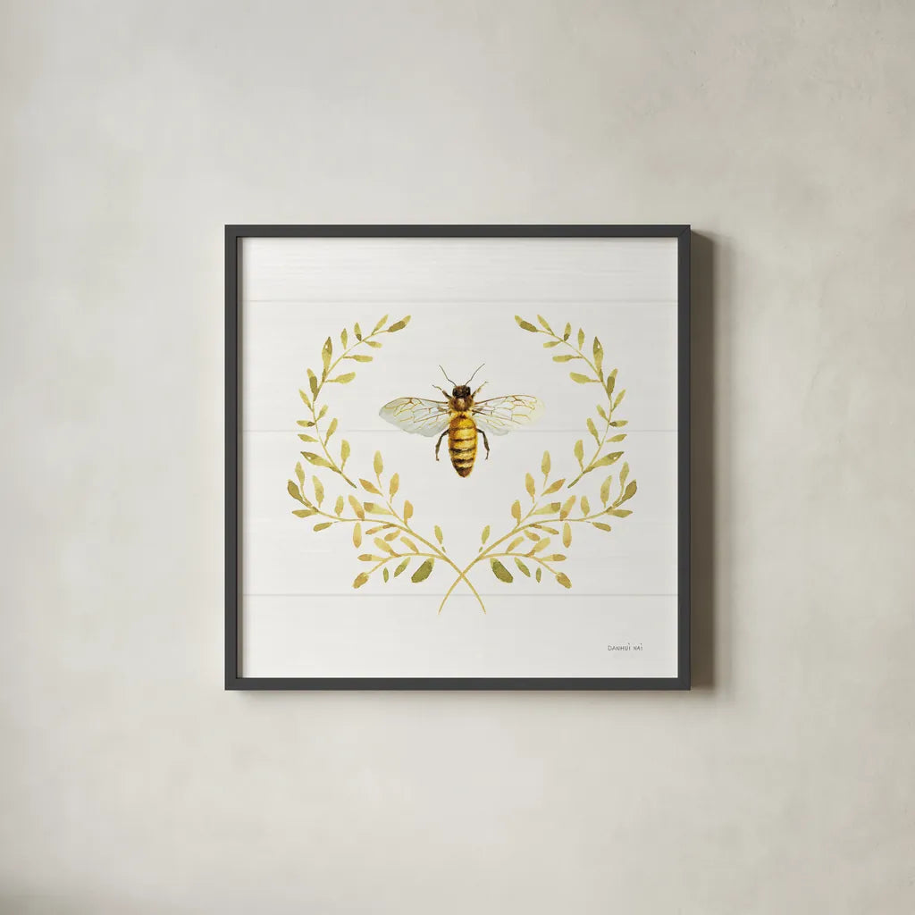 Bees and Blooms Bee Laurel by Danhui Nai. Shown in a sleek black glass frame for a contemporary gallery look. Available as an archival giclee rolled canvas, fine art paper, or poster print. SKU 78403a.