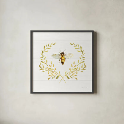 Bees and Blooms Bee Laurel by Danhui Nai. Shown in a sleek black glass frame for a contemporary gallery look. Available as an archival giclee rolled canvas, fine art paper, or poster print. SKU 78403a.