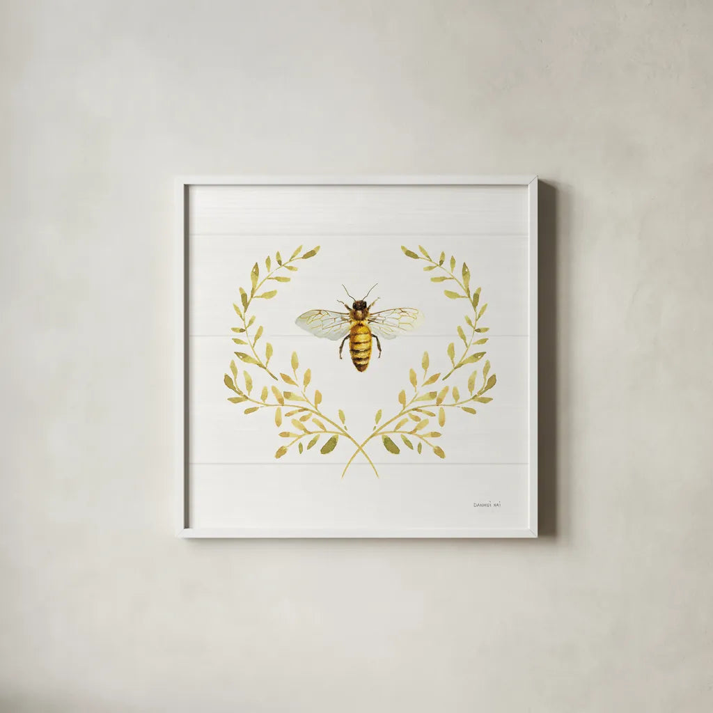 Bees and Blooms Bee Laurel by Danhui Nai. Shown in a crisp white glass frame for a clean and minimalist style. Available as an archival giclee rolled canvas, fine art paper, or poster print. SKU 78403a.