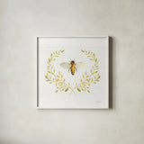 Bees and Blooms Bee Laurel by Danhui Nai. Shown in a crisp white glass frame for a clean and minimalist style. Available as an archival giclee rolled canvas, fine art paper, or poster print. SKU 78403a.