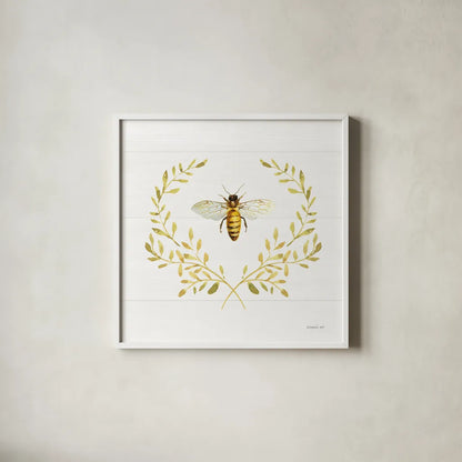 Bees and Blooms Bee Laurel by Danhui Nai. Shown in a crisp white glass frame for a clean and minimalist style. Available as an archival giclee rolled canvas, fine art paper, or poster print. SKU 78403a.