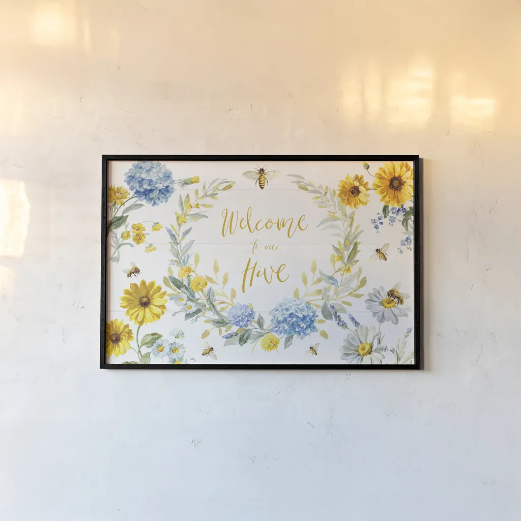 Bees and Blooms Flowers I by Danhui Nai. shown as a paper print in a black flame. Available as a archival giclee rolled canvas, fine art paper, or poster print. SKU 78394i.