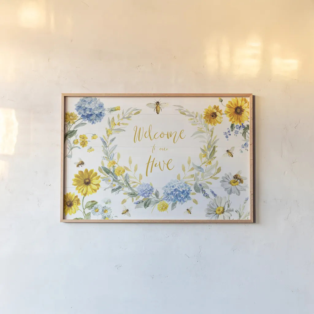 Bees and Blooms Flowers I by Danhui Nai. shown as a paper print in a natural frame. Available as a archival giclee rolled canvas, fine art paper, or poster print. SKU 78394i.