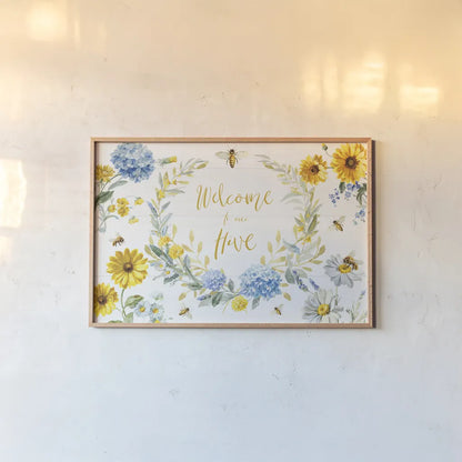 Bees and Blooms Flowers I by Danhui Nai. shown as a paper print in a natural frame. Available as a archival giclee rolled canvas, fine art paper, or poster print. SKU 78394i.