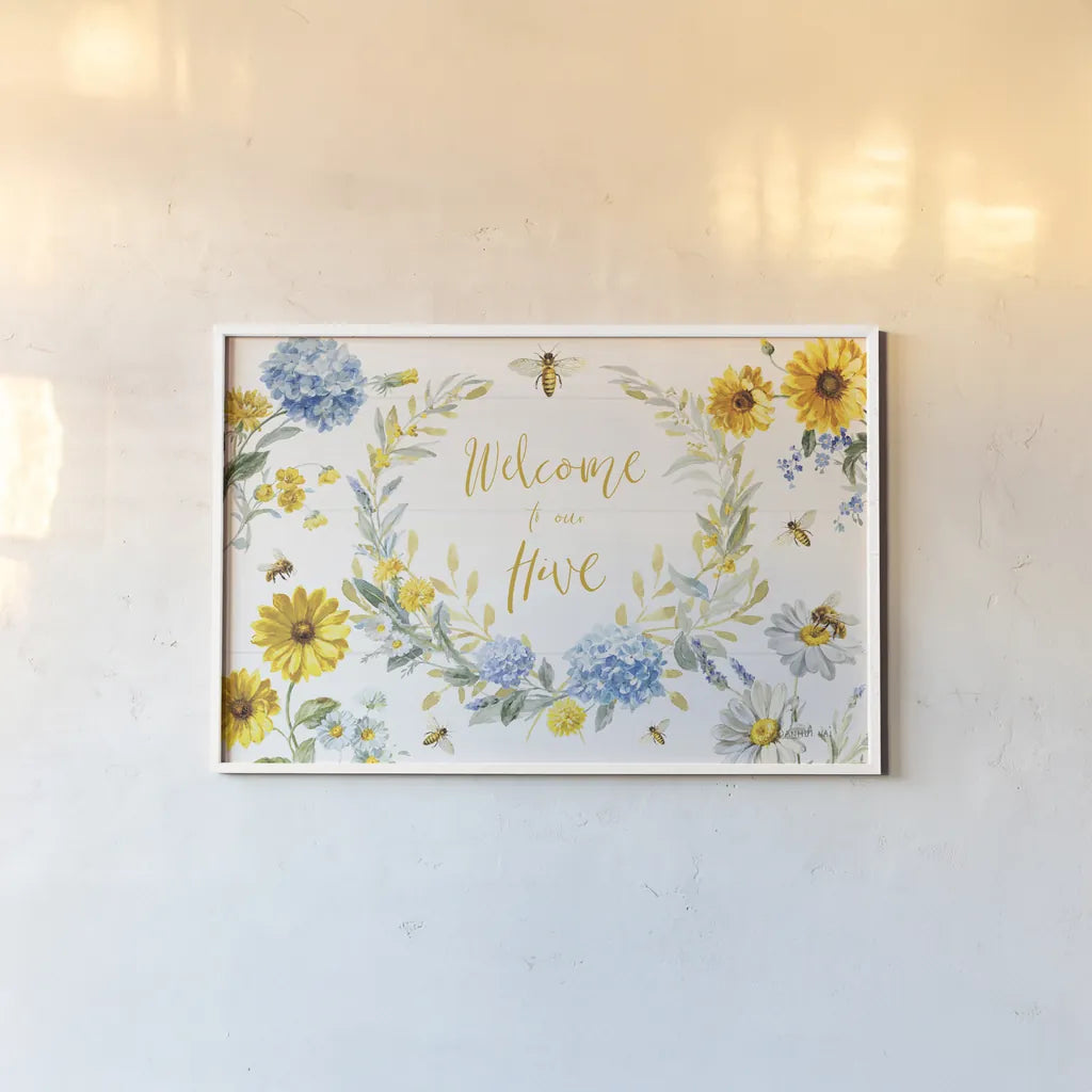 Bees and Blooms Flowers I by Danhui Nai. shown as a paper print in a white frame. Available as a archival giclee rolled canvas, fine art paper, or poster print. SKU 78394i.