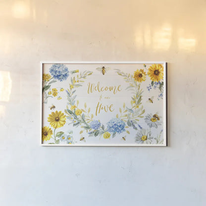 Bees and Blooms Flowers I by Danhui Nai. shown as a paper print in a white frame. Available as a archival giclee rolled canvas, fine art paper, or poster print. SKU 78394i.