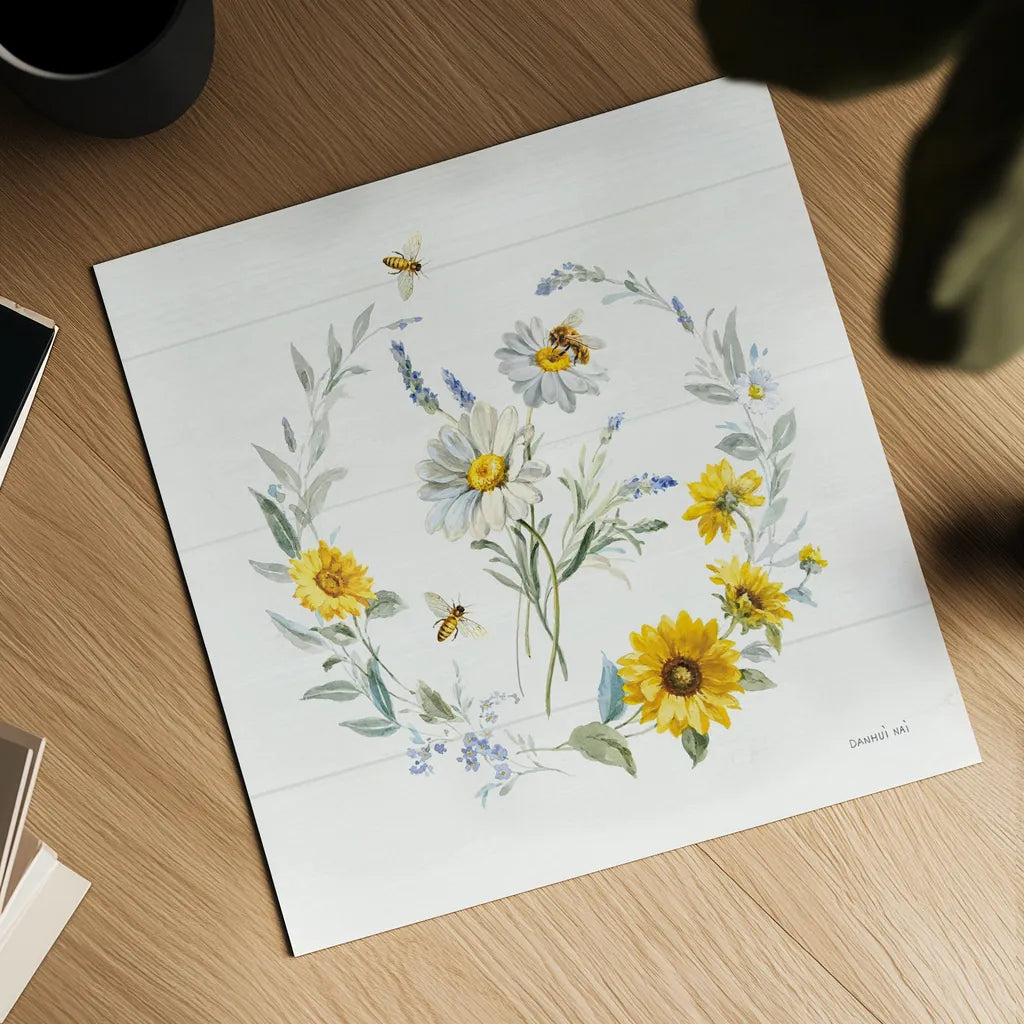 Bees and Blooms Flowers II with Wreath by Danhui Nai. Shown as a detailed flat fine art print, highlighting archival giclee quality. Available as an archival giclee rolled canvas, fine art paper, or poster print. SKU 78399a.