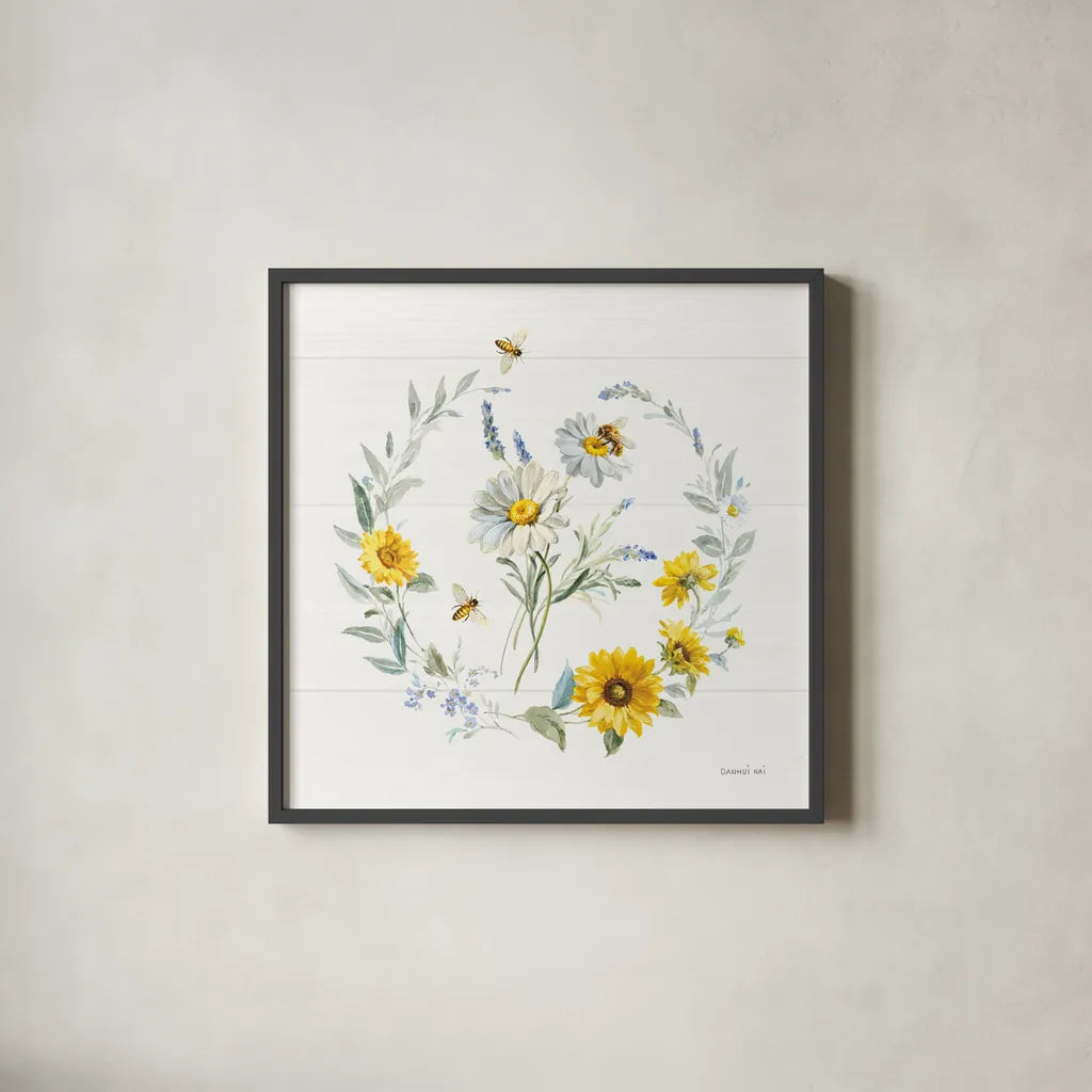Bees and Blooms Flowers II with Wreath by Danhui Nai. Shown in a sleek black glass frame for a contemporary gallery look. Available as an archival giclee rolled canvas, fine art paper, or poster print. SKU 78399a.