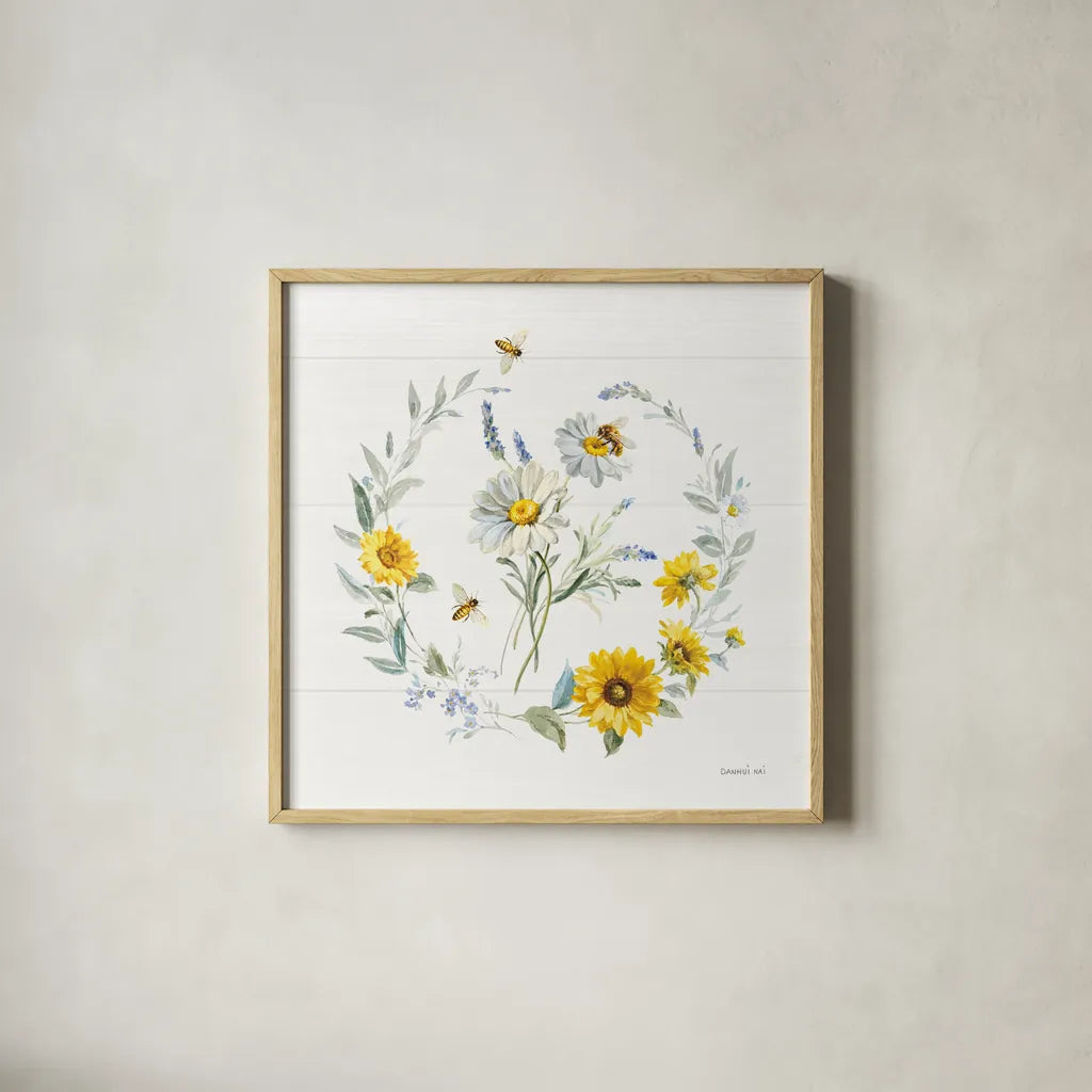 Bees and Blooms Flowers II with Wreath by Danhui Nai. Shown in a natural wood glass frame for a timeless modern aesthetic. Available as an archival giclee rolled canvas, fine art paper, or poster print. SKU 78399a.