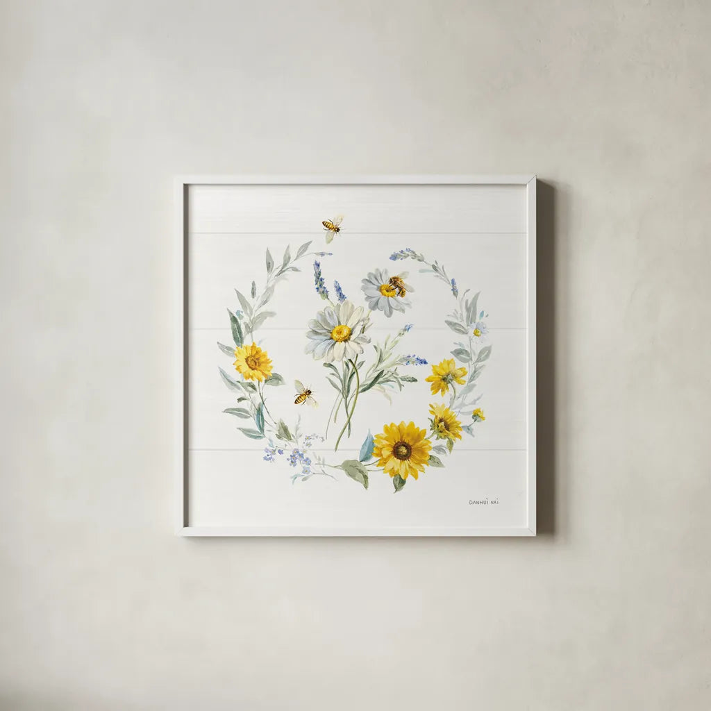 Bees and Blooms Flowers II with Wreath by Danhui Nai. Shown in a crisp white glass frame for a clean and minimalist style. Available as an archival giclee rolled canvas, fine art paper, or poster print. SKU 78399a.