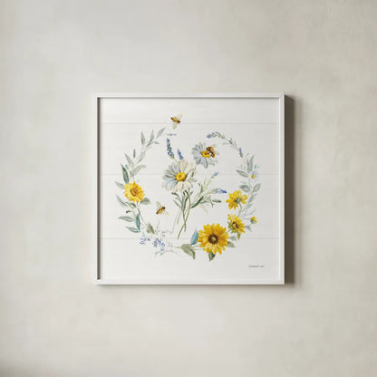 Bees and Blooms Flowers II with Wreath by Danhui Nai. Shown in a crisp white glass frame for a clean and minimalist style. Available as an archival giclee rolled canvas, fine art paper, or poster print. SKU 78399a.