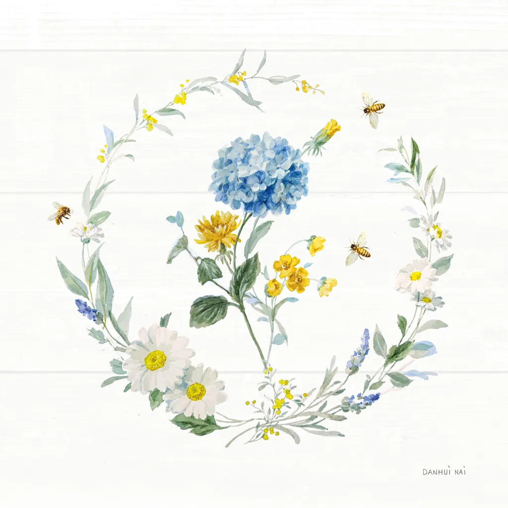 Bees and Blooms Flowers III with Wreath by Danhui Nai. SKU 78400a. Archival Giclee Fine art print for wall decor.