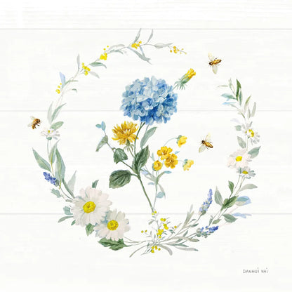 Bees and Blooms Flowers III with Wreath by Danhui Nai. SKU 78400a. Archival Giclee Fine art print for wall decor.