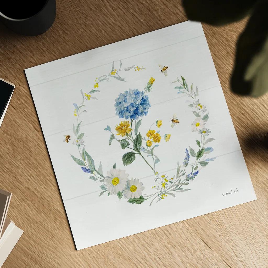 Bees and Blooms Flowers III with Wreath by Danhui Nai. Shown as a detailed flat fine art print, highlighting archival giclee quality. Available as an archival giclee rolled canvas, fine art paper, or poster print. SKU 78400a.