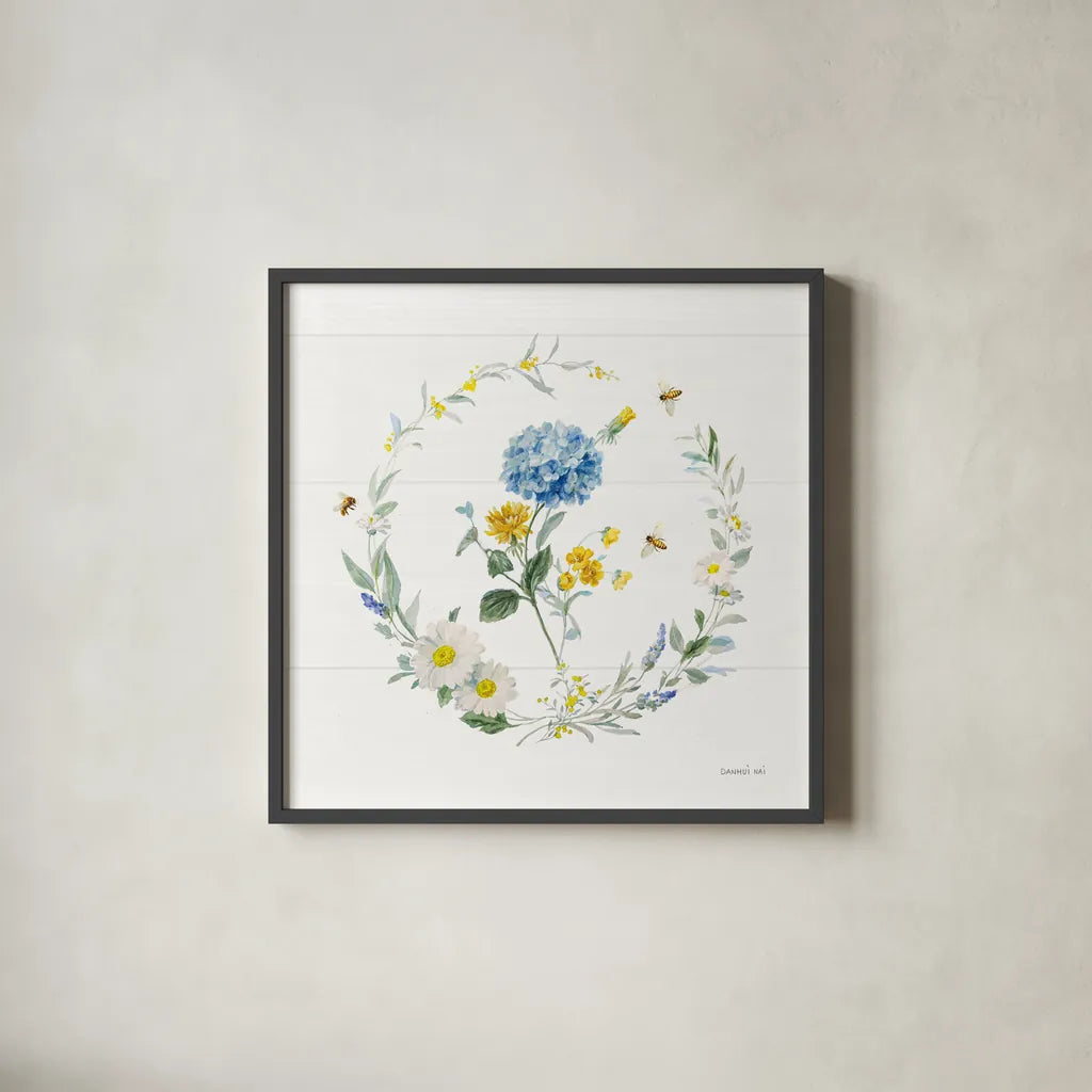 Bees and Blooms Flowers III with Wreath by Danhui Nai. Shown in a sleek black glass frame for a contemporary gallery look. Available as an archival giclee rolled canvas, fine art paper, or poster print. SKU 78400a.