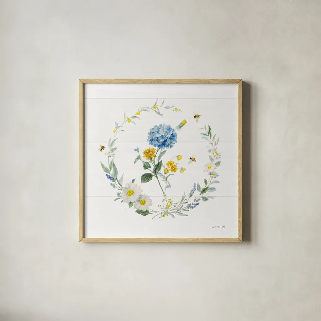 Bees and Blooms Flowers III with Wreath by Danhui Nai. Shown in a natural wood glass frame for a timeless modern aesthetic. Available as an archival giclee rolled canvas, fine art paper, or poster print. SKU 78400a.