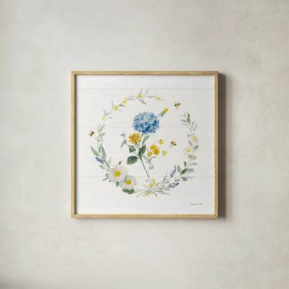 Bees and Blooms Flowers III with Wreath by Danhui Nai. Shown in a natural wood glass frame for a timeless modern aesthetic. Available as an archival giclee rolled canvas, fine art paper, or poster print. SKU 78400a.
