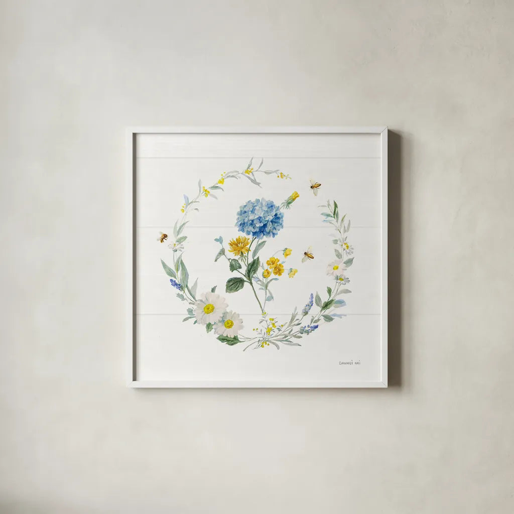 Bees and Blooms Flowers III with Wreath by Danhui Nai. Shown in a crisp white glass frame for a clean and minimalist style. Available as an archival giclee rolled canvas, fine art paper, or poster print. SKU 78400a.