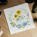 Bees and Blooms Flowers IV with Wreath by Danhui Nai. Shown as a detailed flat fine art print, highlighting archival giclee quality. Available as an archival giclee rolled canvas, fine art paper, or poster print. SKU 78401a.