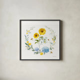 Bees and Blooms Flowers IV with Wreath by Danhui Nai. Shown in a sleek black glass frame for a contemporary gallery look. Available as an archival giclee rolled canvas, fine art paper, or poster print. SKU 78401a.
