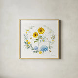 Bees and Blooms Flowers IV with Wreath by Danhui Nai. Shown in a natural wood glass frame for a timeless modern aesthetic. Available as an archival giclee rolled canvas, fine art paper, or poster print. SKU 78401a.