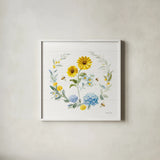 Bees and Blooms Flowers IV with Wreath by Danhui Nai. Shown in a crisp white glass frame for a clean and minimalist style. Available as an archival giclee rolled canvas, fine art paper, or poster print. SKU 78401a.