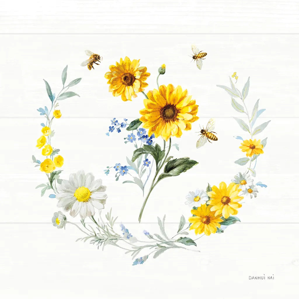 Bees and Blooms Flowers V with Wreath by Danhui Nai. SKU 78402a. Archival Giclee Fine art print for wall decor.