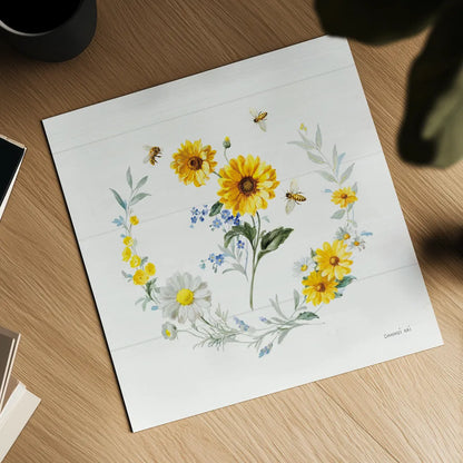 Bees and Blooms Flowers V with Wreath by Danhui Nai. Shown as a detailed flat fine art print, highlighting archival giclee quality. Available as an archival giclee rolled canvas, fine art paper, or poster print. SKU 78402a.