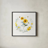 Bees and Blooms Flowers V with Wreath by Danhui Nai. Shown in a sleek black glass frame for a contemporary gallery look. Available as an archival giclee rolled canvas, fine art paper, or poster print. SKU 78402a.