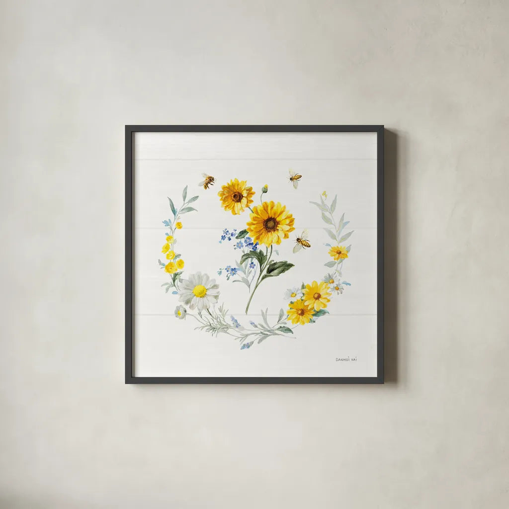 Bees and Blooms Flowers V with Wreath by Danhui Nai. Shown in a sleek black glass frame for a contemporary gallery look. Available as an archival giclee rolled canvas, fine art paper, or poster print. SKU 78402a.