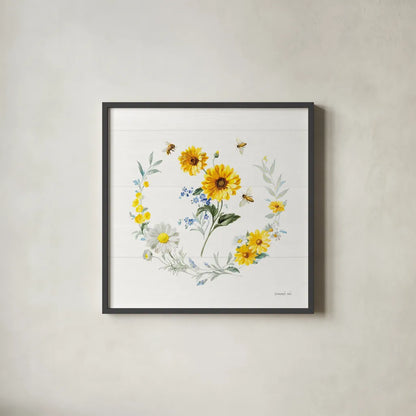 Bees and Blooms Flowers V with Wreath by Danhui Nai. Shown in a sleek black glass frame for a contemporary gallery look. Available as an archival giclee rolled canvas, fine art paper, or poster print. SKU 78402a.