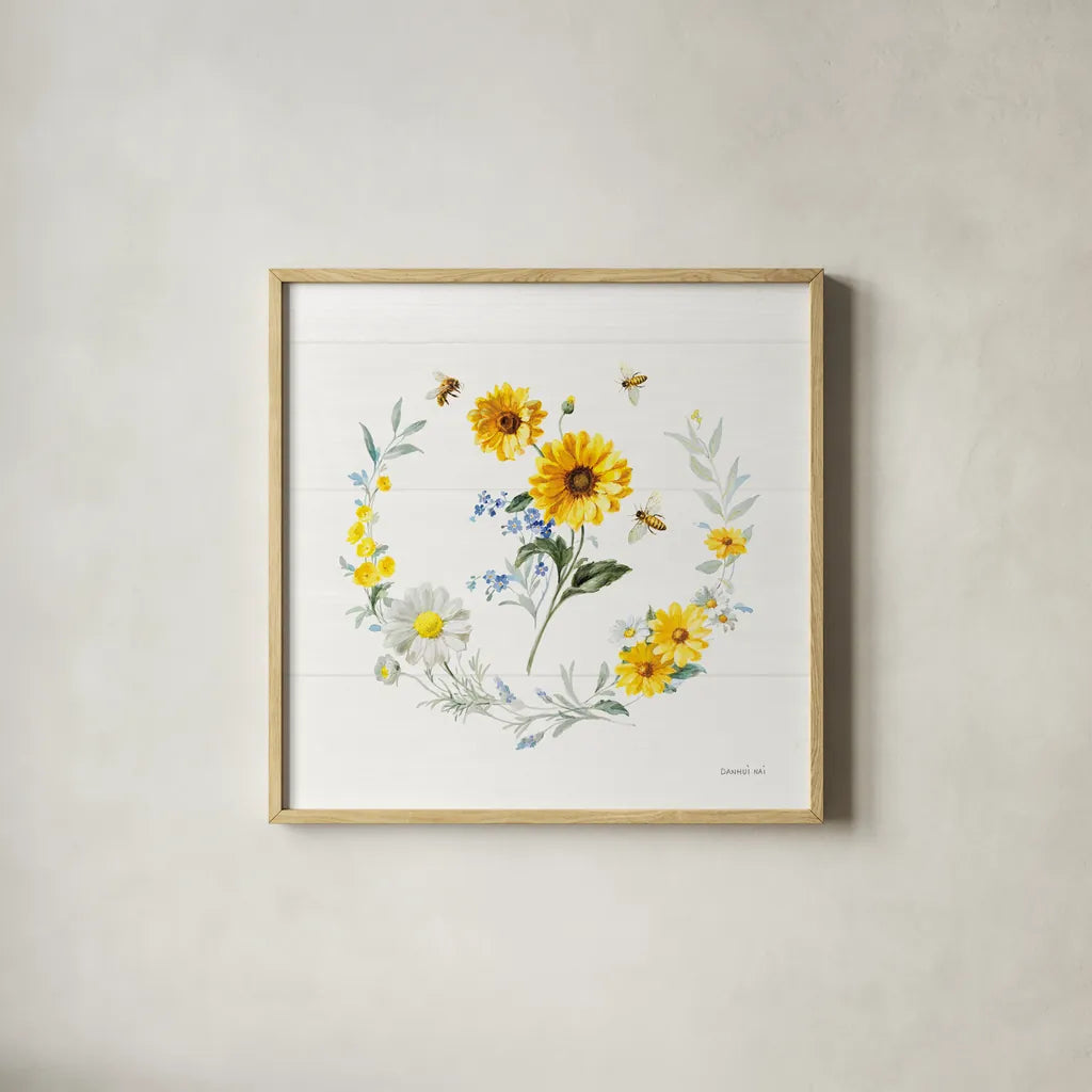 Bees and Blooms Flowers V with Wreath by Danhui Nai. Shown in a natural wood glass frame for a timeless modern aesthetic. Available as an archival giclee rolled canvas, fine art paper, or poster print. SKU 78402a.