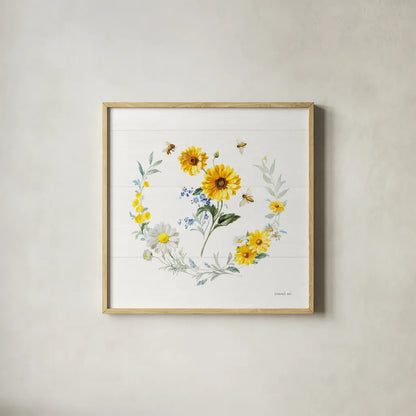 Bees and Blooms Flowers V with Wreath by Danhui Nai. Shown in a natural wood glass frame for a timeless modern aesthetic. Available as an archival giclee rolled canvas, fine art paper, or poster print. SKU 78402a.