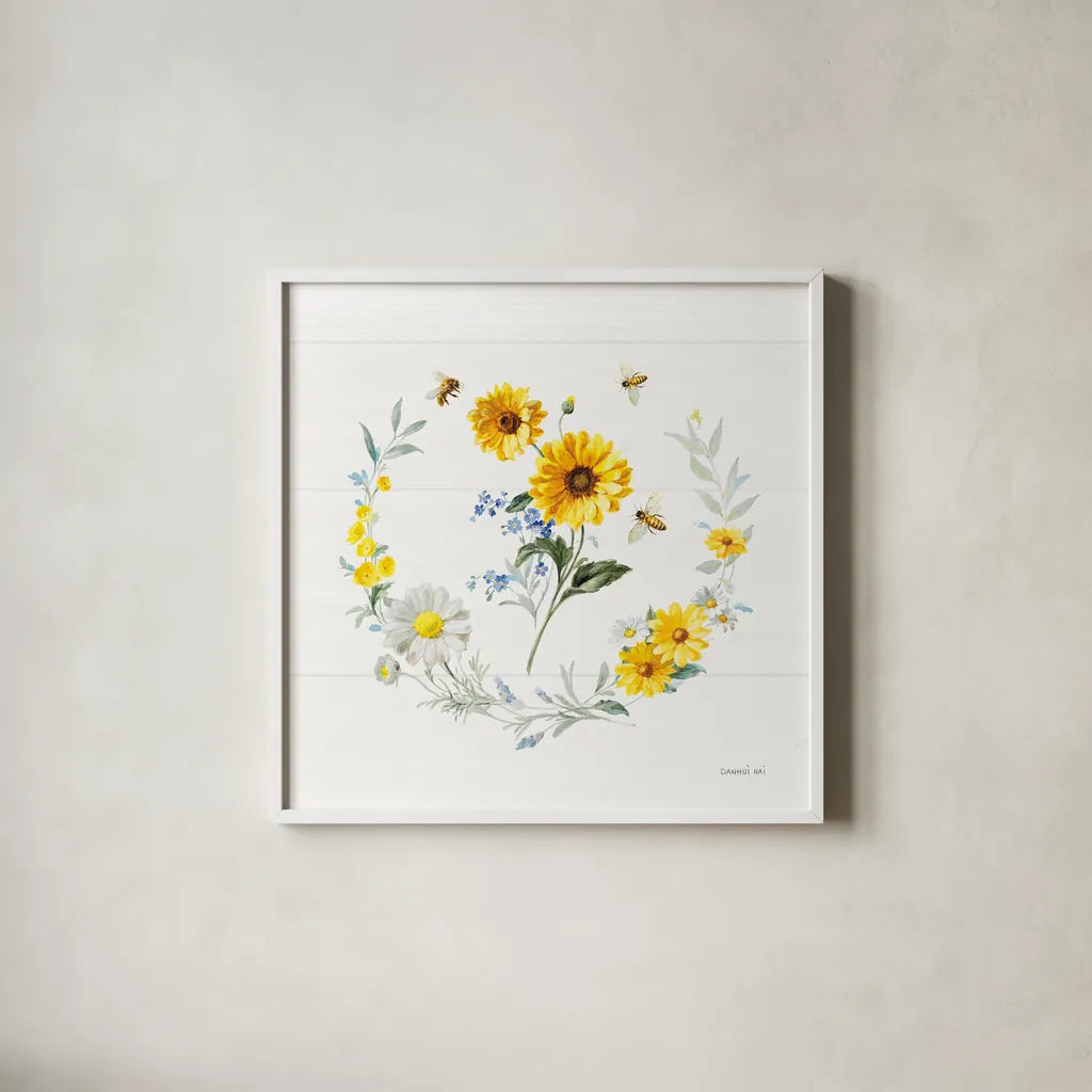 Bees and Blooms Flowers V with Wreath by Danhui Nai. Shown in a crisp white glass frame for a clean and minimalist style. Available as an archival giclee rolled canvas, fine art paper, or poster print. SKU 78402a.