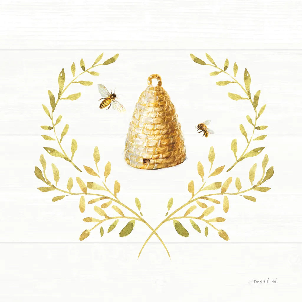 Bees and Blooms Skep Laurel by Danhui Nai. SKU 78404a. Archival Giclee Fine art print for wall decor.