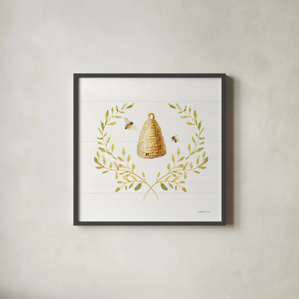 Bees and Blooms Skep Laurel by Danhui Nai. Shown in a sleek black glass frame for a contemporary gallery look. Available as an archival giclee rolled canvas, fine art paper, or poster print. SKU 78404a.