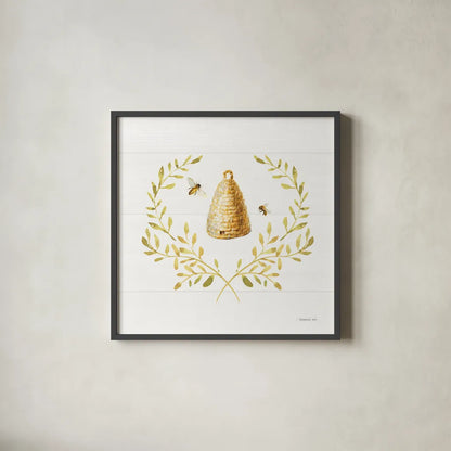 Bees and Blooms Skep Laurel by Danhui Nai. Shown in a sleek black glass frame for a contemporary gallery look. Available as an archival giclee rolled canvas, fine art paper, or poster print. SKU 78404a.
