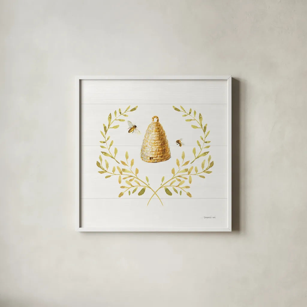 Bees and Blooms Skep Laurel by Danhui Nai. Shown in a crisp white glass frame for a clean and minimalist style. Available as an archival giclee rolled canvas, fine art paper, or poster print. SKU 78404a.