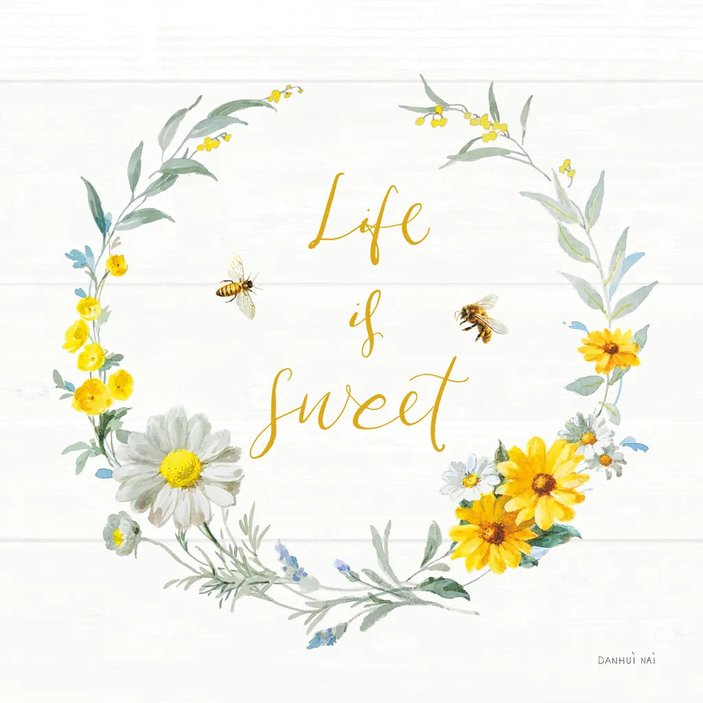 Bees and Blooms_Life is Sweet Wreath by Danhui Nai. SKU 78405a. Archival Giclee Fine art print for wall decor.