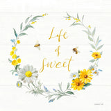 Bees and Blooms_Life is Sweet Wreath by Danhui Nai. SKU 78405a. Archival Giclee Fine art print for wall decor.