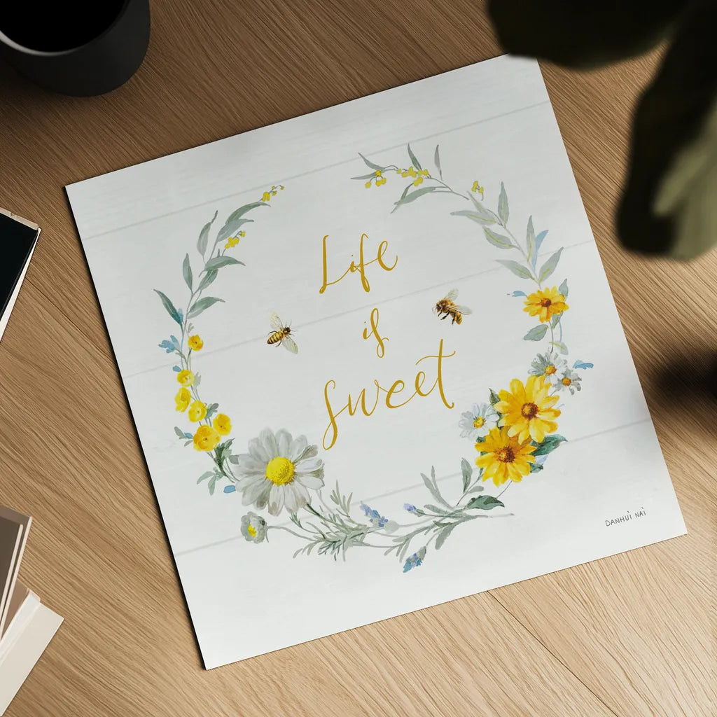 Bees and Blooms_Life is Sweet Wreath by Danhui Nai. Shown as a detailed flat fine art print, highlighting archival giclee quality. Available as an archival giclee rolled canvas, fine art paper, or poster print. SKU 78405a.