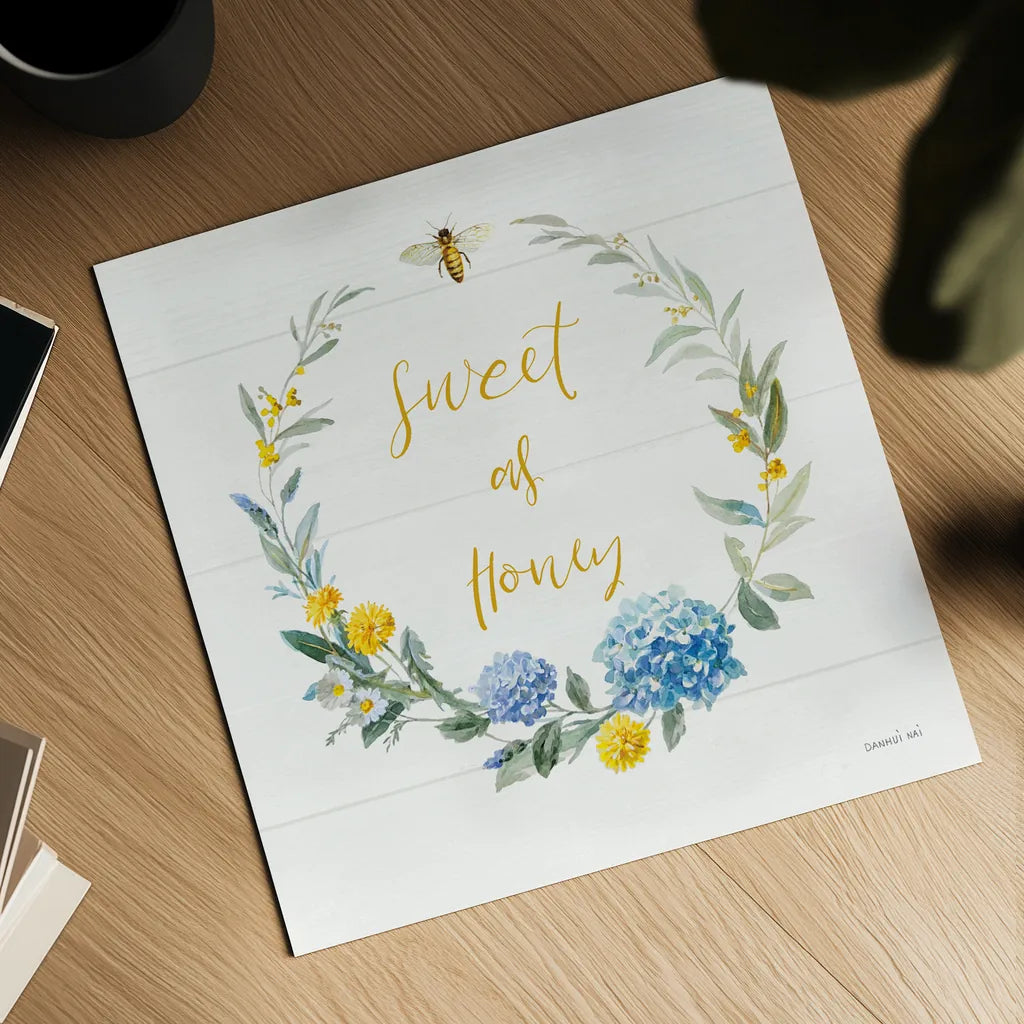 Bees and Blooms_Sweet As Honey Wreath by Danhui Nai. Shown as a detailed flat fine art print, highlighting archival giclee quality. Available as an archival giclee rolled canvas, fine art paper, or poster print. SKU 78406a.