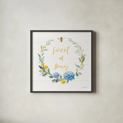Bees and Blooms_Sweet As Honey Wreath by Danhui Nai. Shown in a sleek black glass frame for a contemporary gallery look. Available as an archival giclee rolled canvas, fine art paper, or poster print. SKU 78406a.